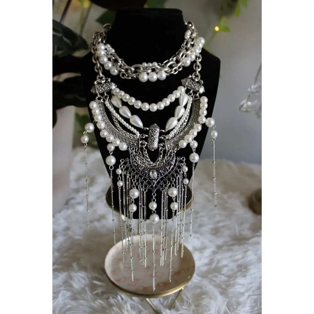 Free People Silver Pearl Statement Bib Necklace Boho Layered Fringe msrp 99